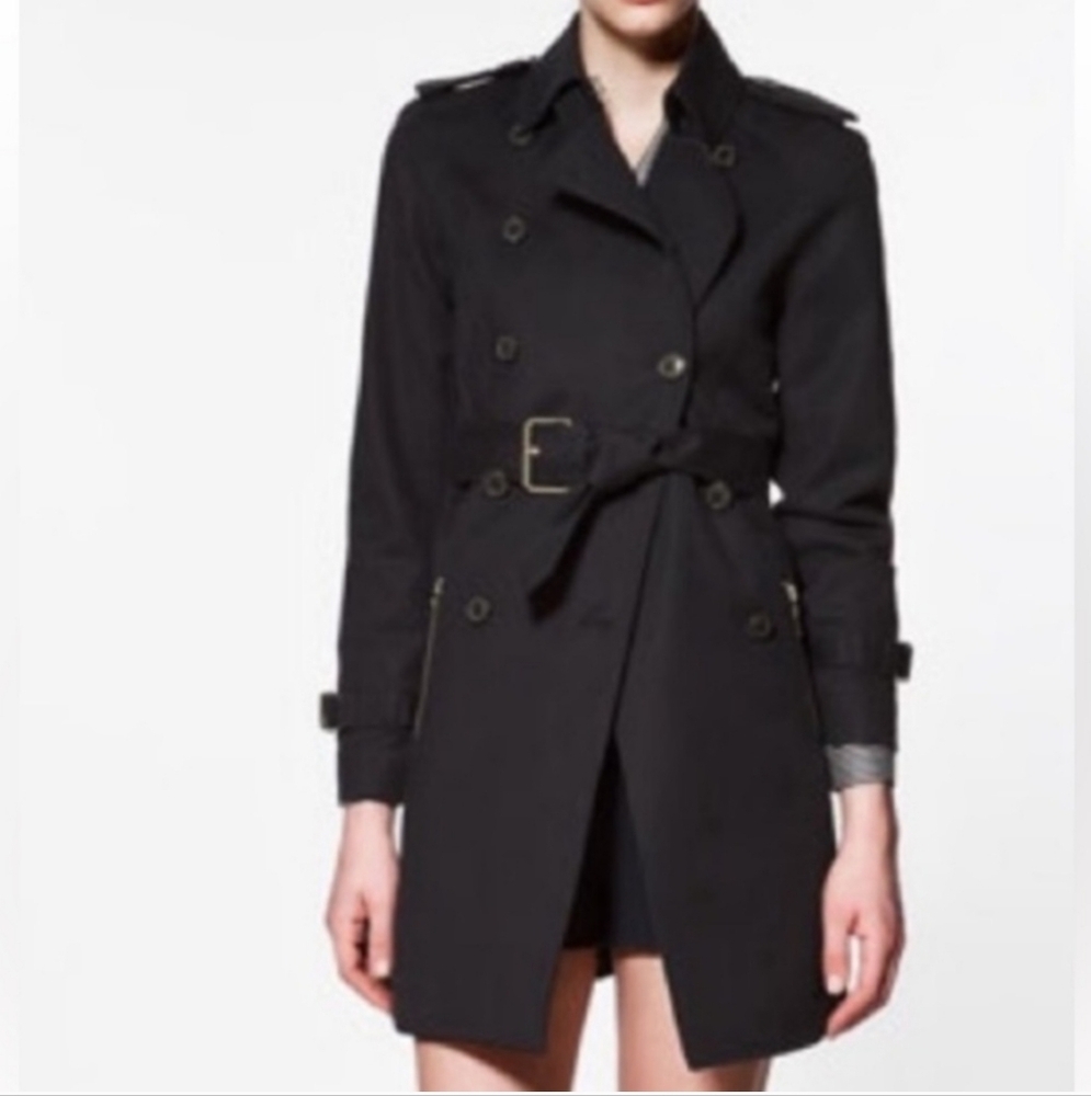 Zara Basic Black Belted Double Breasted Trench Co… - image 3